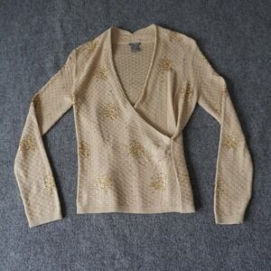 Ann Taylor Petites Wrap Top MP Gold Sequined‎ Knit Long Sleeve Blouse Sweater